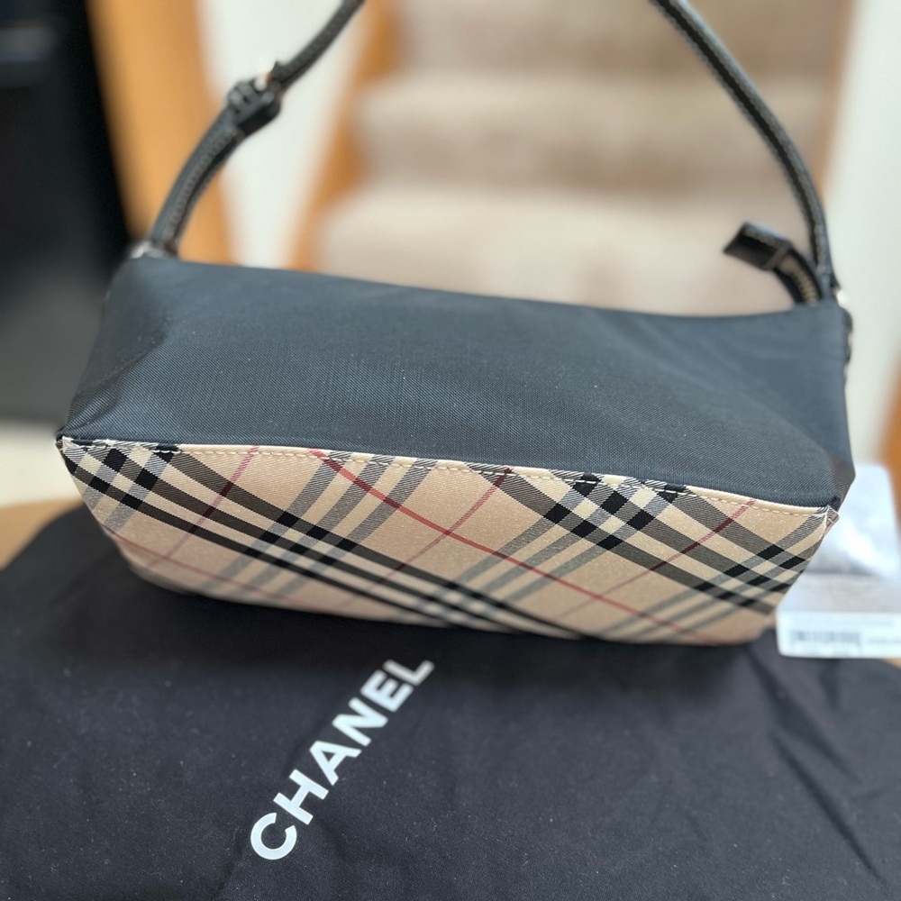 Burberry black Handle Bag with Beige Plaid Trim
